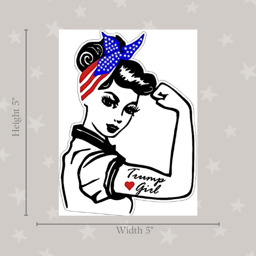 Trump Girl Flexing Bicep Medium Sticker in bold colors showcasing a woman flexing her bicep, designed for outdoor and indoor use.