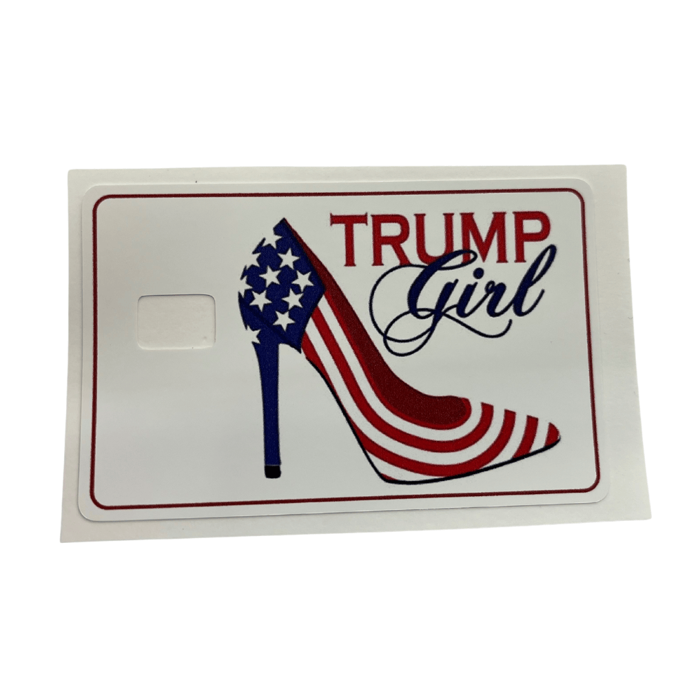 Trump Girl Heel Credit Card Cover featuring a high heel and American flag design on a white background with a red border.