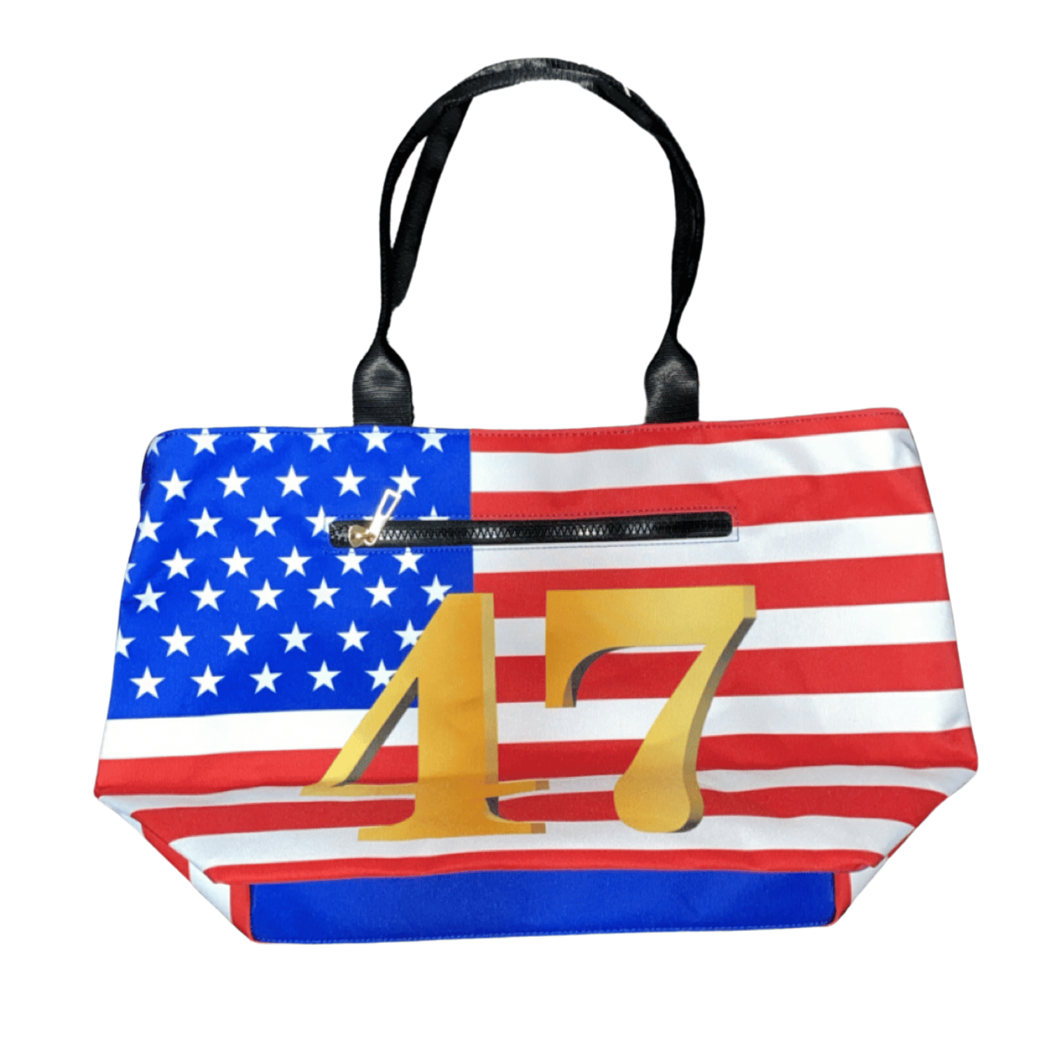 Trump Gold '47 Patriotic Tote Bag featuring a vibrant American flag design and golden '47 on black handles, ideal for daily use.