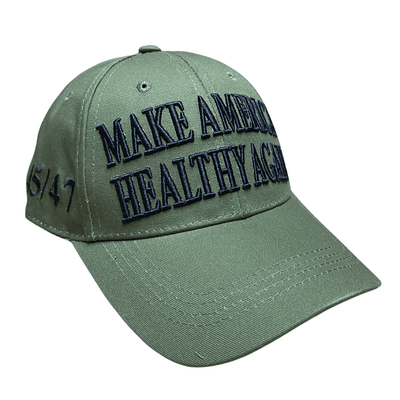 Trump Green Make America Healthy Again RFK Hat with bold black lettering displayed on a mannequin against a casual background.