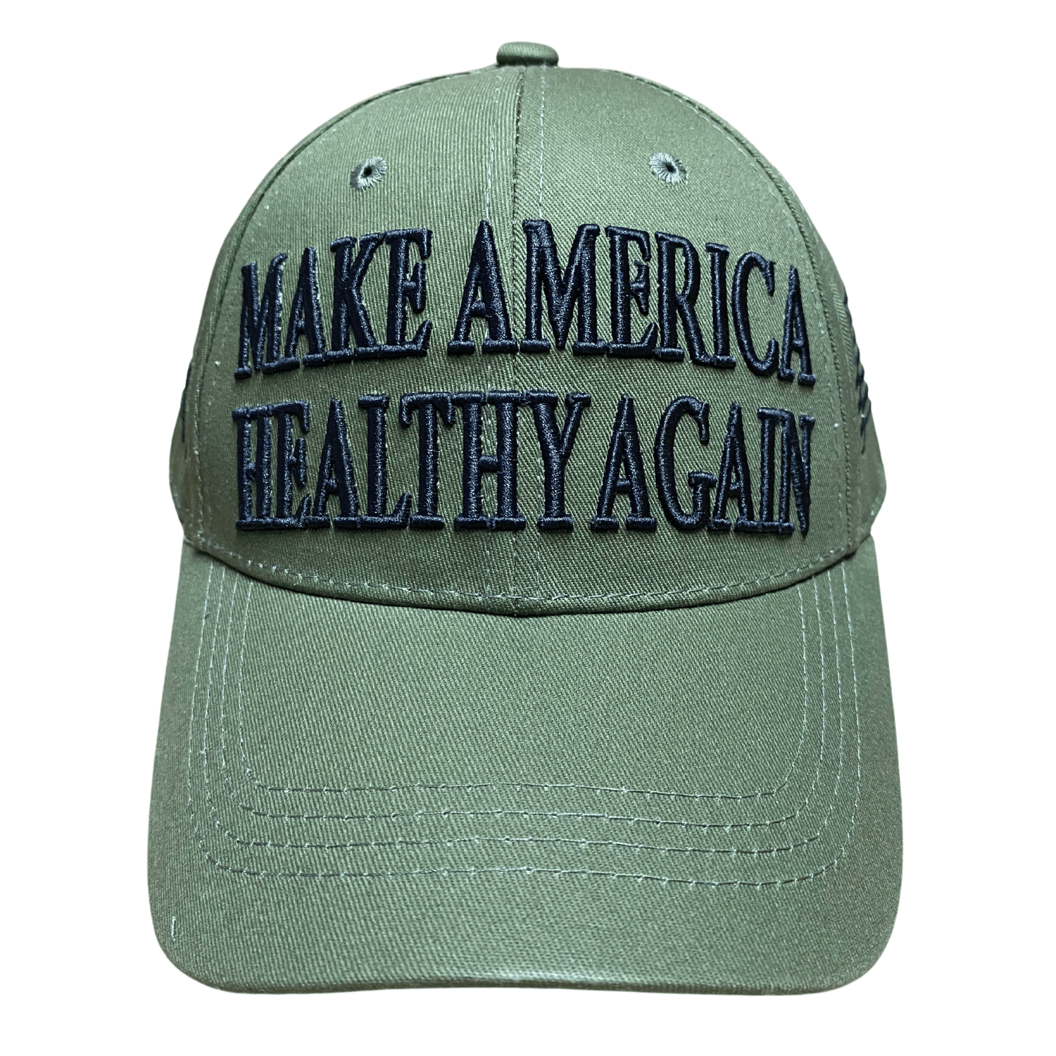 Trump Green Make America Healthy Again RFK Hat with bold black lettering displayed on a mannequin against a casual background.
