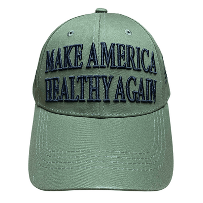 Trump Green Make America Healthy Again RFK Hat with bold black lettering displayed on a mannequin against a casual background.