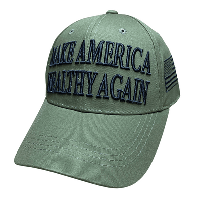 Trump Green Make America Healthy Again RFK Hat with bold black lettering displayed on a mannequin against a casual background.
