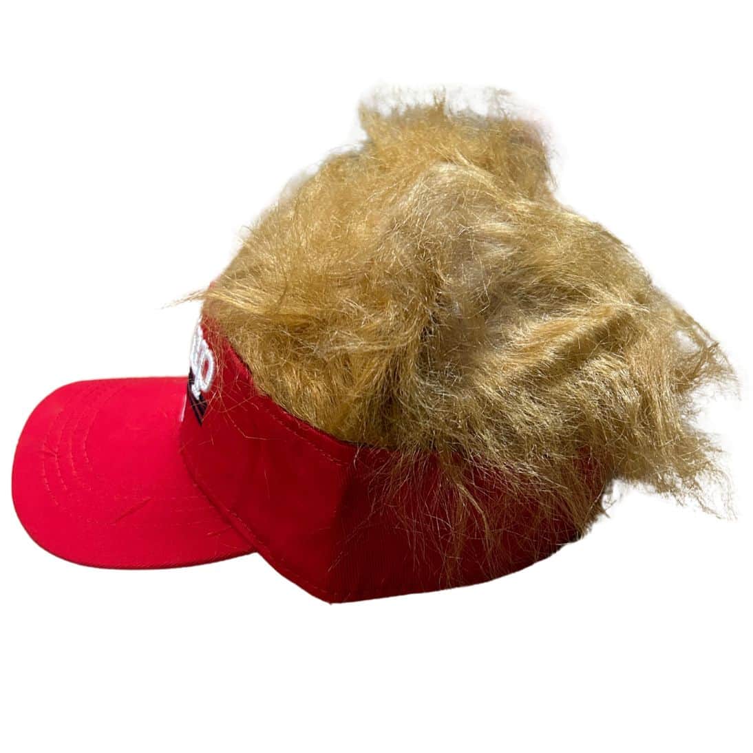 Trump Hair Visor featuring 'Trump 2024' in white lettering on red background, with lifelike golden hair attached to the back.
