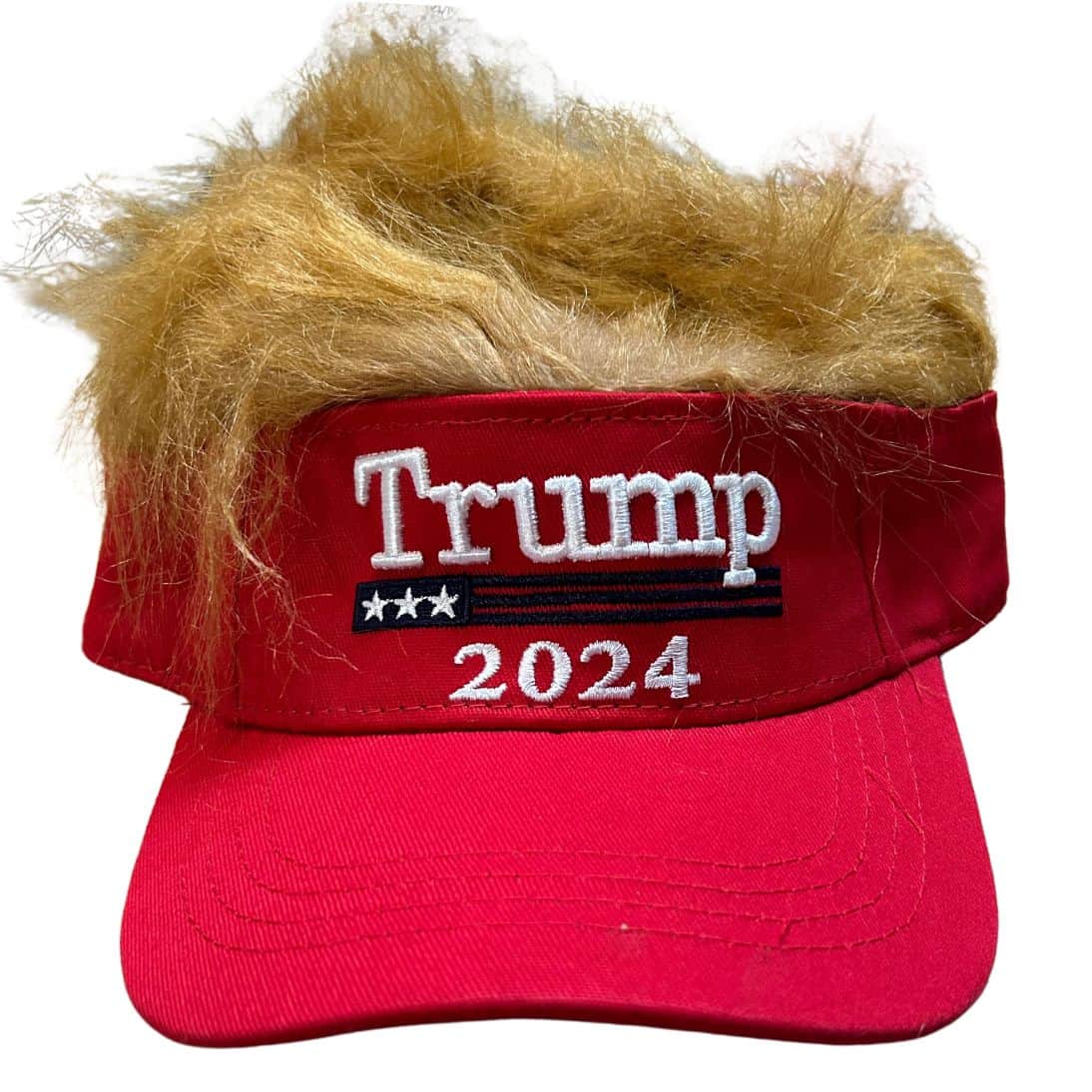 Trump Hair Visor featuring 'Trump 2024' in white lettering on red background, with lifelike golden hair attached to the back.