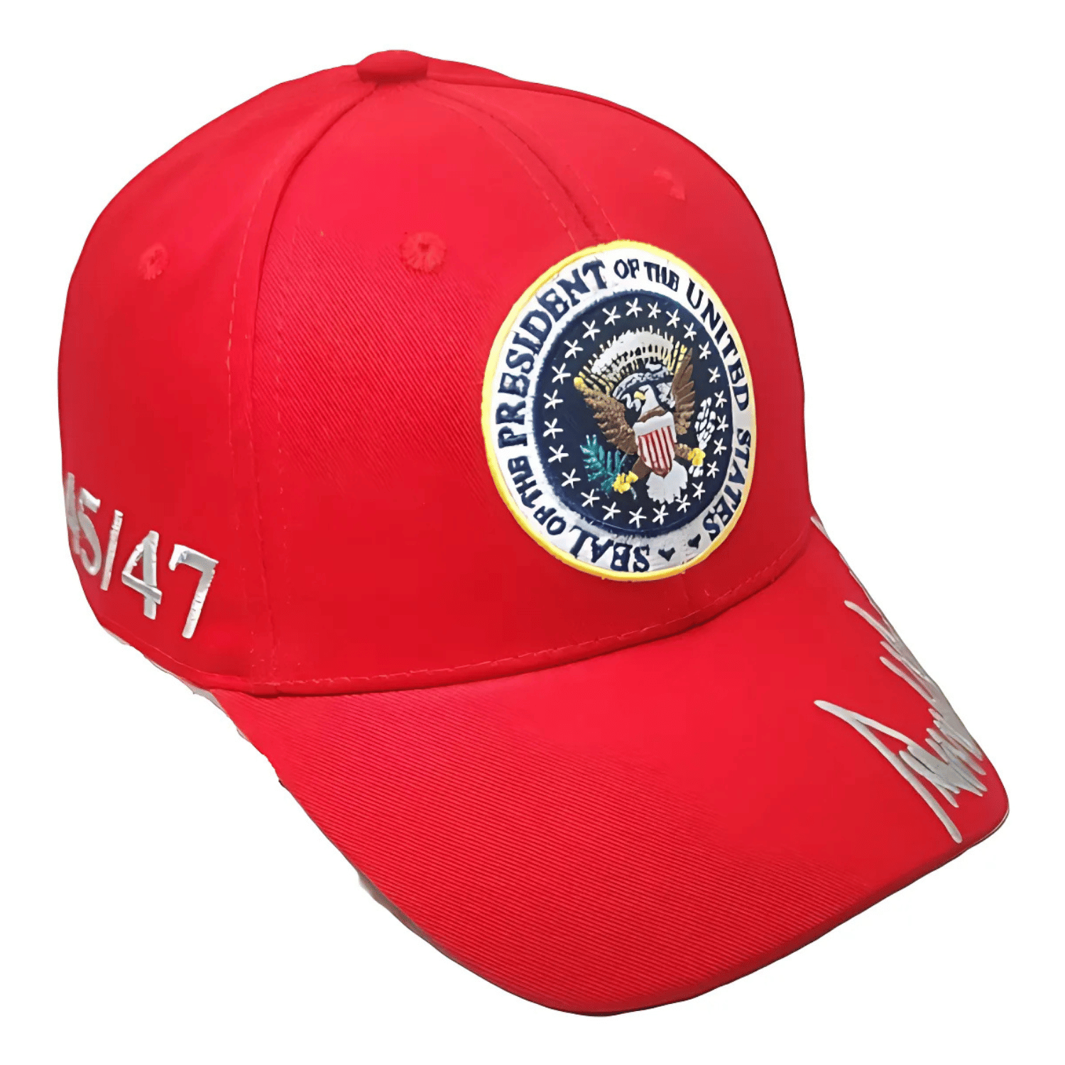 Trump Inauguration 45/47 Red and Silver Seal Hat featuring embroidered presidential seal and bold 'Trump 47' text against a bright red background.
