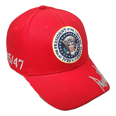 Trump Inauguration 45/47 Red and Silver Seal Hat featuring embroidered presidential seal and bold 'Trump 47' text against a bright red background.
