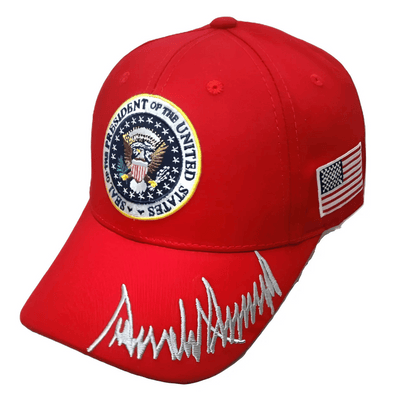 Trump Inauguration 45/47 Red and Silver Seal Hat featuring embroidered presidential seal and bold 'Trump 47' text against a bright red background.