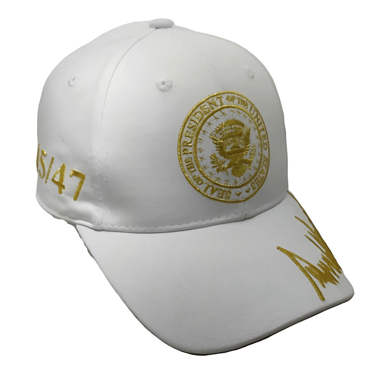 Trump Inauguration 45/47 White and Gold Seal Hat featuring intricate gold embroidery on a white hat, showcasing the presidential seal.
