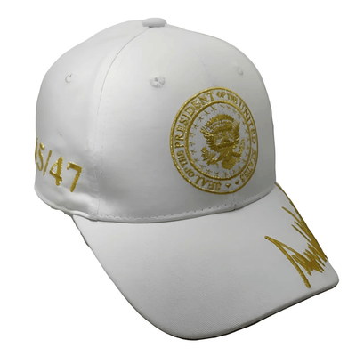 Trump Inauguration 45/47 White and Gold Seal Hat featuring intricate gold embroidery on a white hat, showcasing the presidential seal.