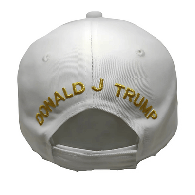 Trump Inauguration 45/47 White and Gold Seal Hat featuring intricate gold embroidery on a white hat, showcasing the presidential seal.