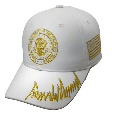 Trump Inauguration 45/47 White and Gold Seal Hat featuring intricate gold embroidery on a white hat, showcasing the presidential seal.
