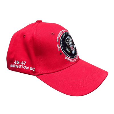 Trump Inauguration Red Seal MAGA Hat featuring presidential seal and 'Trump 47' embroidery displayed on a neutral background.