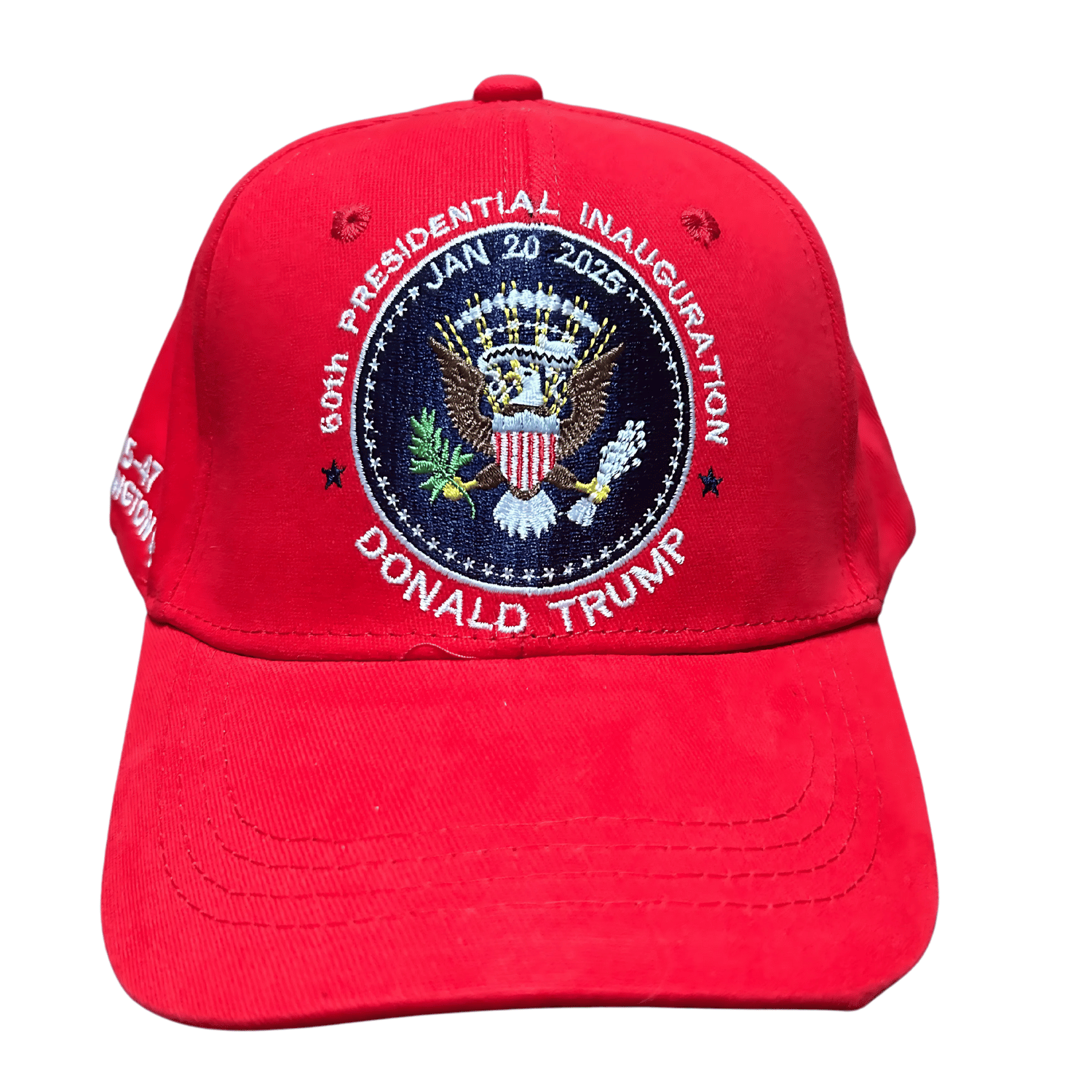 Trump Inauguration Red Seal MAGA Hat featuring presidential seal and 'Trump 47' embroidery displayed on a neutral background.