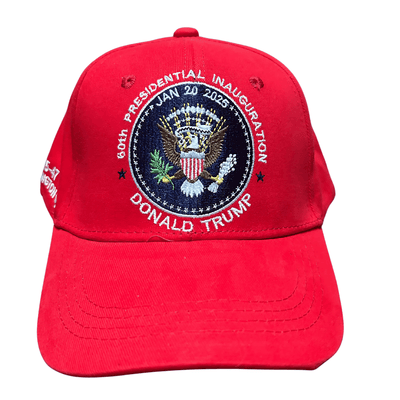 Trump Inauguration Red Seal MAGA Hat featuring presidential seal and 'Trump 47' embroidery displayed on a neutral background.