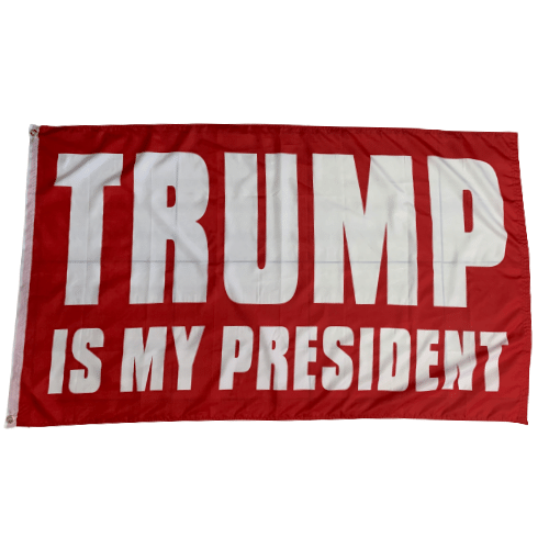 Trump Is My President 3x5 flag with bold white lettering on a red background, fluttering proudly in an outdoor setting, symbolizing patriotism.