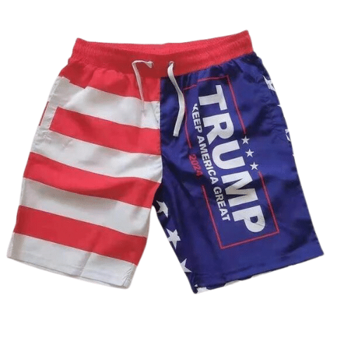 Trump Keep America Great Patriotic Board Shorts featuring stars-and-stripes design in red, white, and blue, perfect for summer beach activities.