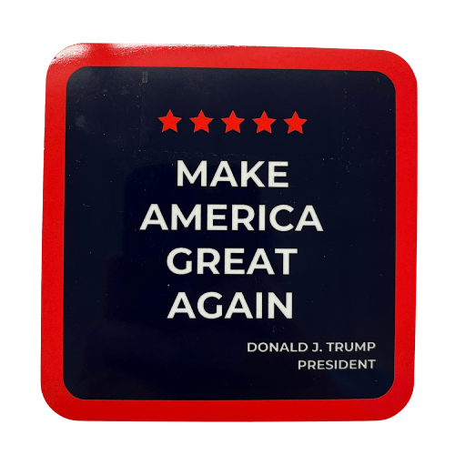Trump Make America Great Again Coaster displaying the slogan in bold white text on a navy background with red stars and border.