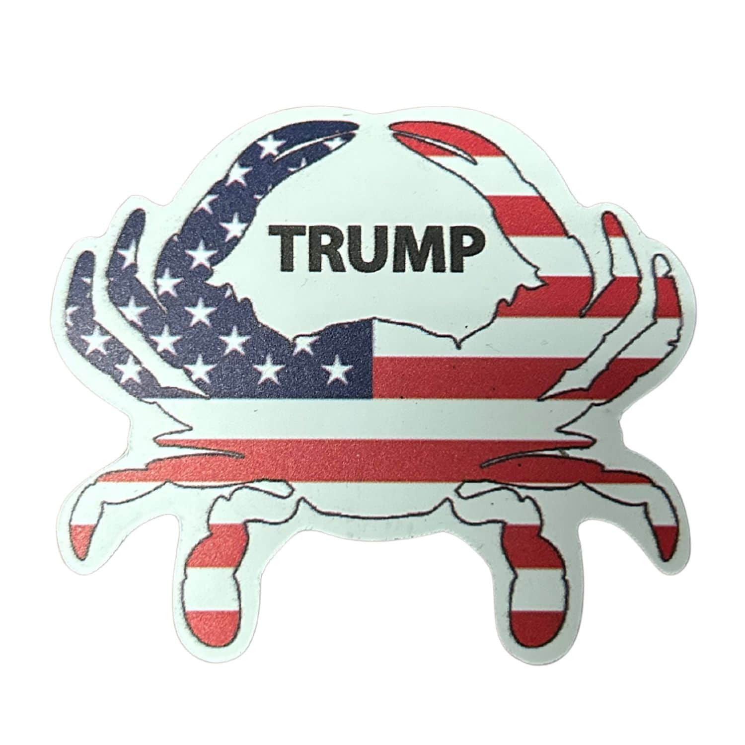 Trump Maryland Crab Magnet features a lively design of President Trump with the iconic blue crab, measuring 3x3 inches on a refrigerator surface.