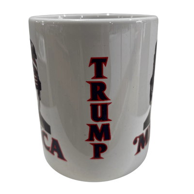A Trump 'Merica Shades Mug showcases Donald Trump with American flag sunglasses and a stars-and-stripes bandana, capturing patriotic spirit.