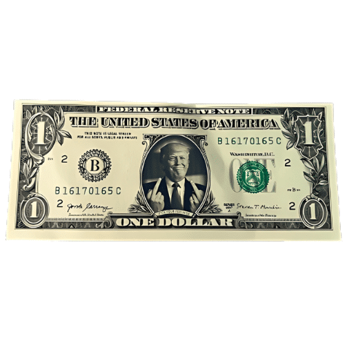 Trump Middle Finger Fake Dollar featuring bold graphics and vivid colors designed for novelty and political humor displayed against a neutral background.