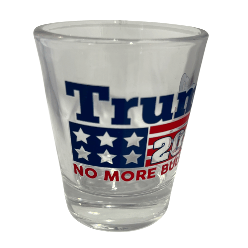 Trump No More Bull Shot Glass featuring patriotic red, white, and blue design, with text 'No More Bull' and stars on a clear glass background.