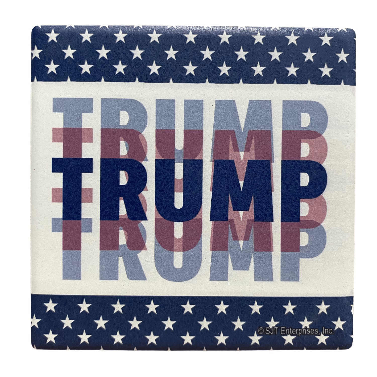 Trump Overlay With Stars Square Absorbable Stone Coaster featuring bold colors and star-spangled border, ideal for home or office use.