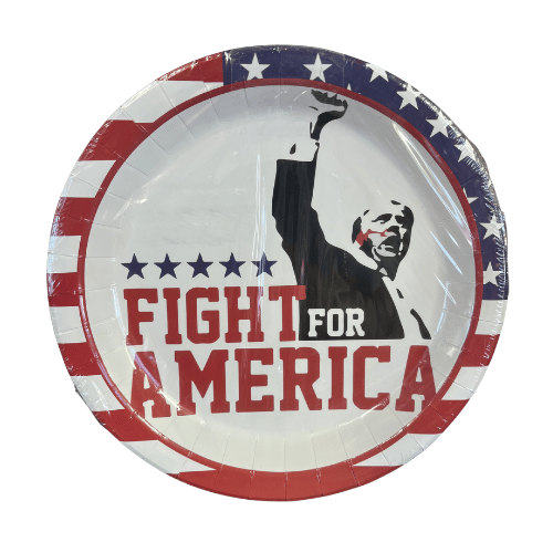 Pack of Trump Paper Plates showing a graphic of Trump raising his fist in victory, framed by a patriotic red, white, and blue design.