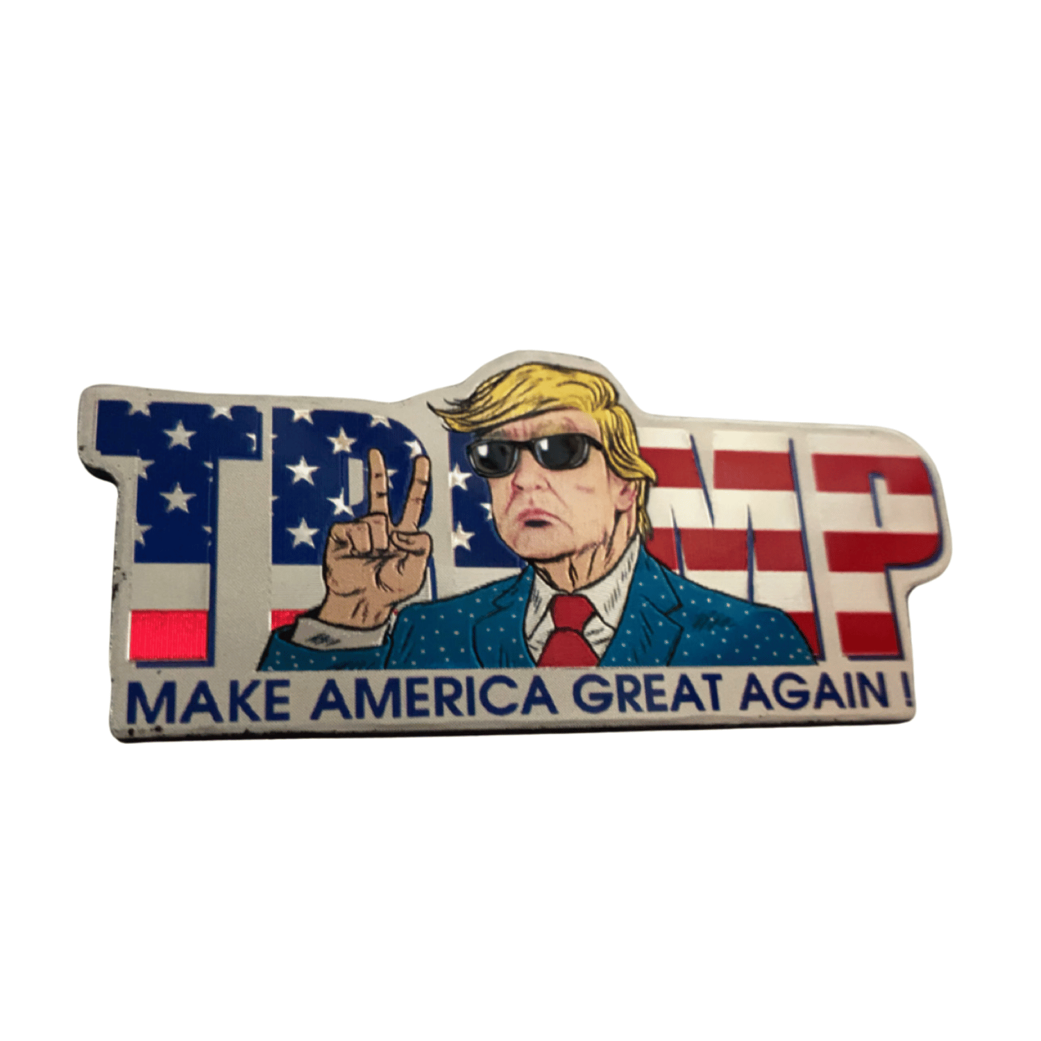 Trump Peace MAGA Holographic Magnet featuring Trump flashing a peace sign in a patriotic suit, measuring 2 inches tall by 4 inches wide.
