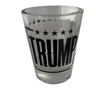 Trump Take America Back Again shot glass showcasing bold black-and-white lettering and a portrait of Donald Trump, perfect for collectibles and barware.