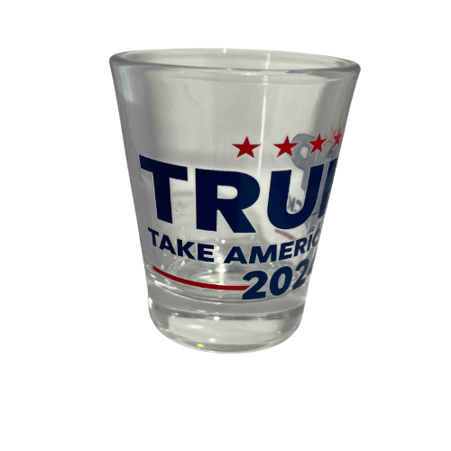Trump Take America Back shot glass with red, white, and blue design featuring deep-blue lettering and vibrant stars, ideal for patriotic celebrations.