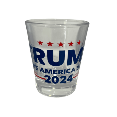 Trump Take America Back shot glass with red, white, and blue design featuring deep-blue lettering and vibrant stars, ideal for patriotic celebrations.