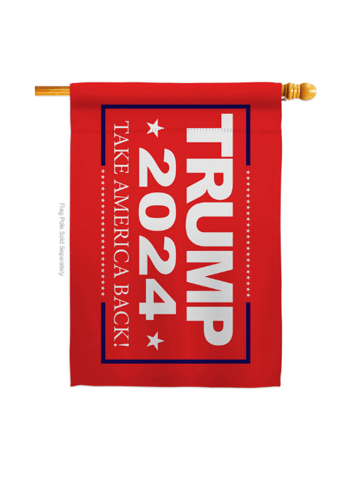 Trump Take Back America double-sided house flag displaying vibrant colors and design, made from all-weather polyester, flying outdoors.