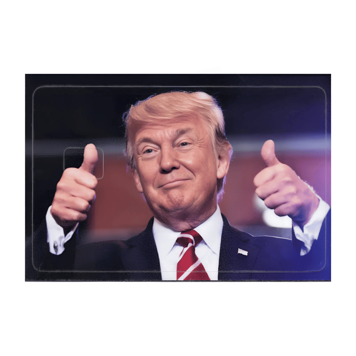 Trump Thumbs Up Credit Card Cover featuring Donald Trump in a thumbs-up pose, designed for standard credit cards with a vibrant vinyl finish.