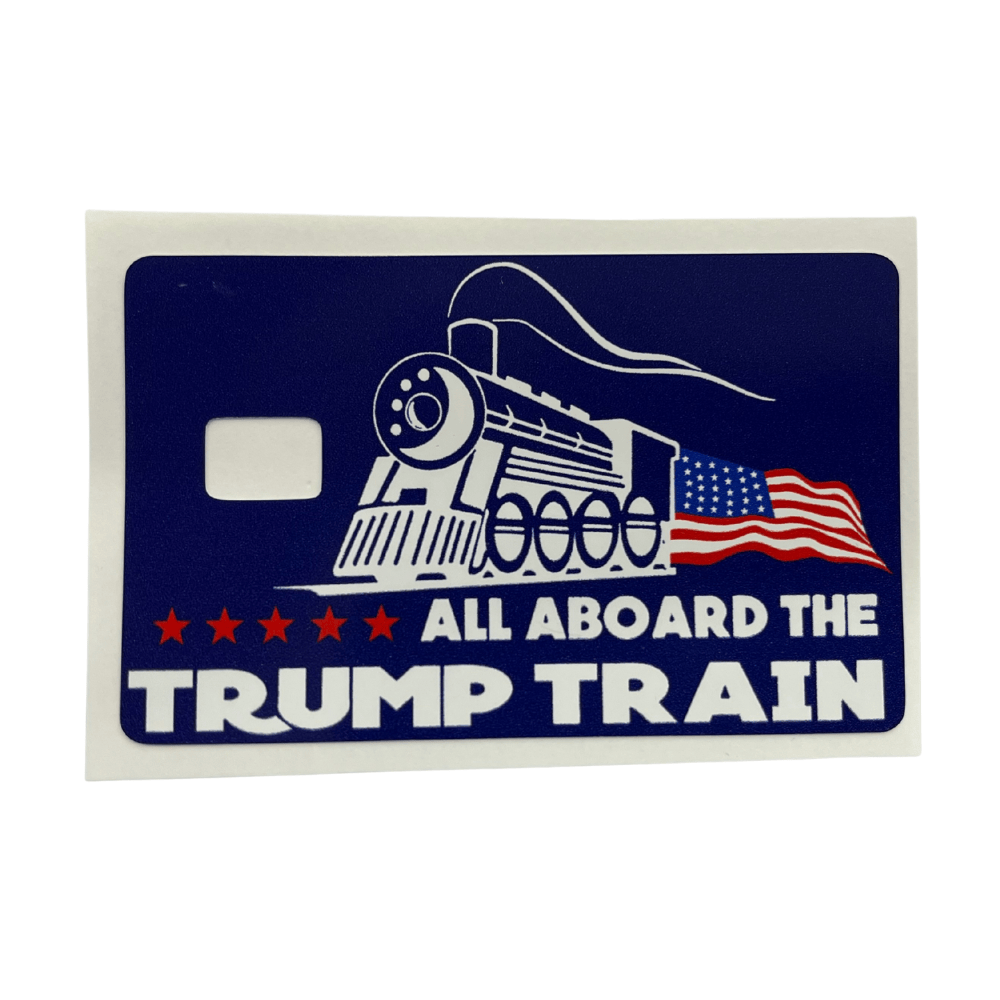 Trump Train Credit Card Cover featuring a locomotive design and American flag, perfectly fitting a standard credit card for storage and style.