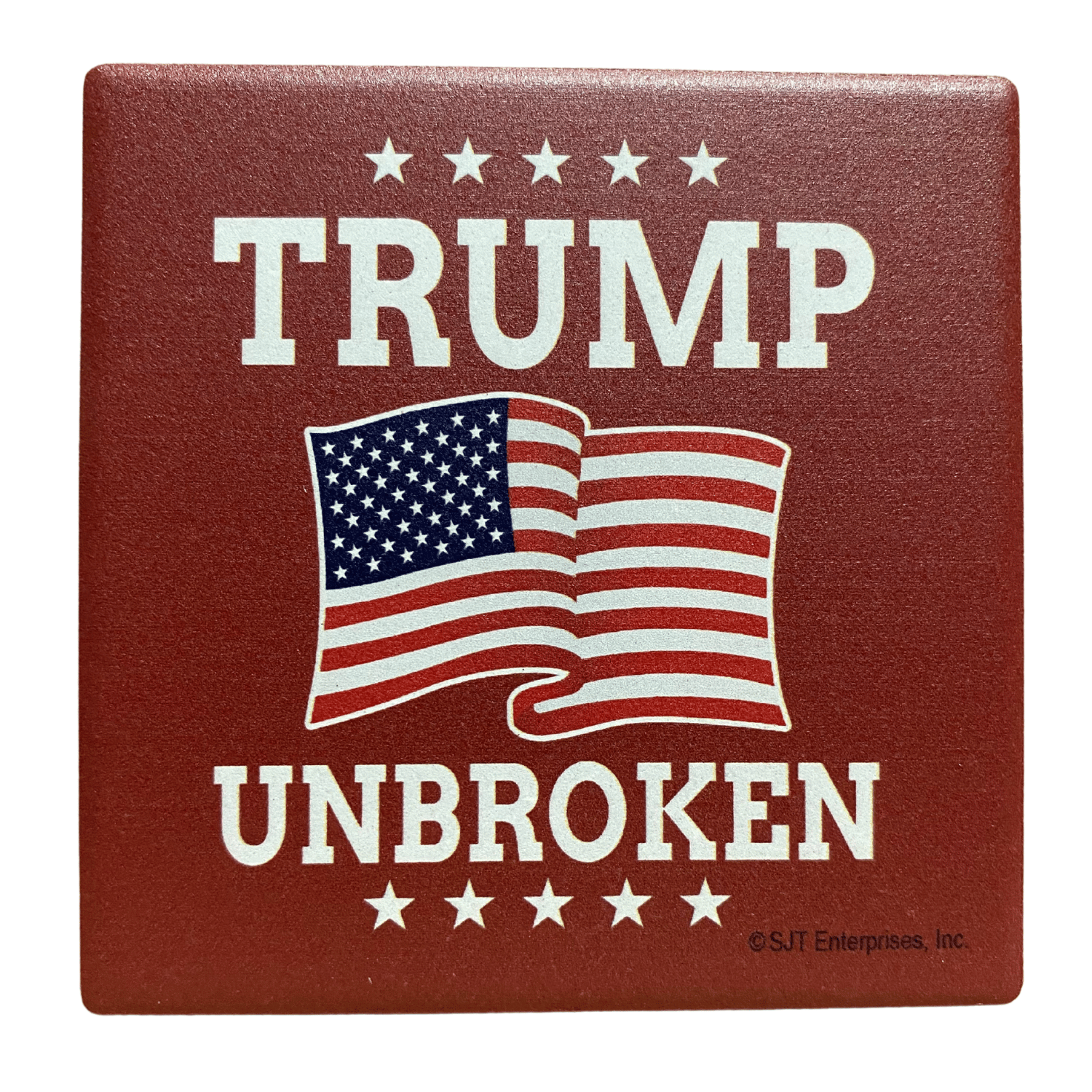 Trump Unbroken Flag and Stars Square Absorbable Stone Coaster featuring vibrant American flag design on red background, ideal for home use.