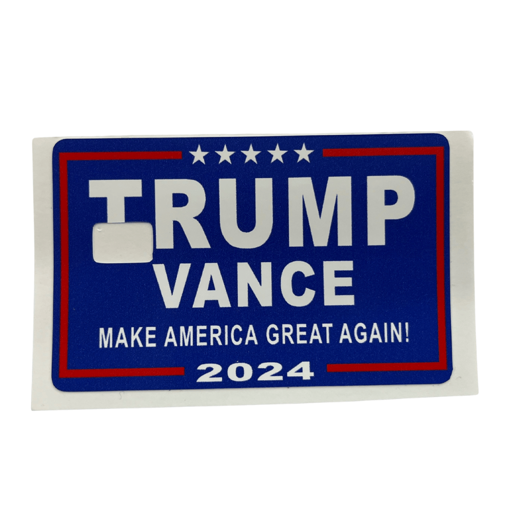 Trump Vance 2024 credit card cover featuring bold lettering and patriotic design, displayed on a standard-sized card against a neutral background.