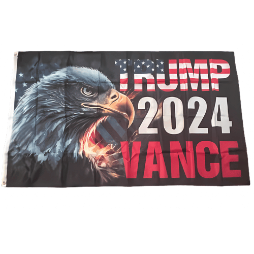 Trump Vance 2024 Eagle Flag measuring 3x5 feet, featuring bold text design displayed outdoors, showcasing political support.