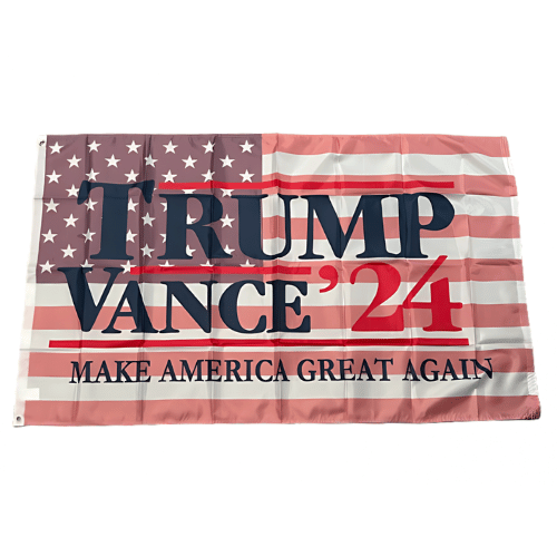 Trump Vance 2024 MAGA flag, 3x5 feet, featuring 'Make America Great 2024' on a vintage American flag background, displayed outdoors.