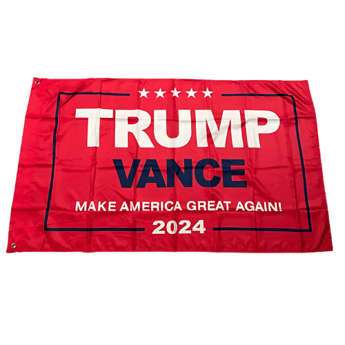 Trump Vance 2024 Make America Great Again Flag featuring a bold red background and iconic slogan displayed outdoors, showcasing patriotism.
