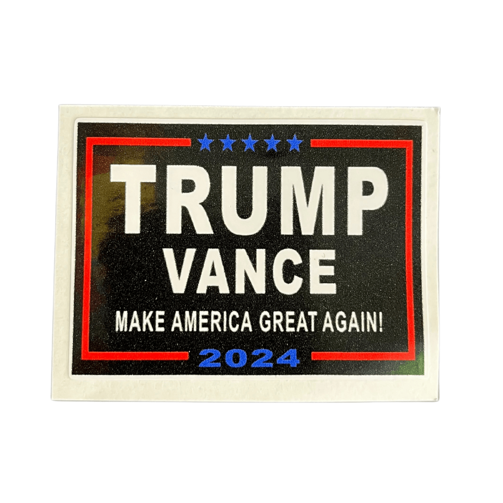 Trump Vance MAGA sticker made of weather-resistant adhesive vinyl, featuring bold patriotic graphics, applied on a laptop in an outdoor setting.