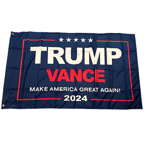 Trump Vance Make America Great Again Flag in navy blue, featuring bold text, displayed outdoors with grommets for easy hanging.