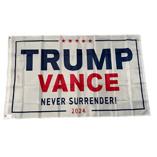 Trump Vance Never Surrender 2024 Flag measuring 3x5 feet, boldly displaying 'Never Surrender' and 'Trump Vance 2024' in vibrant colors, fluttering outdoors.