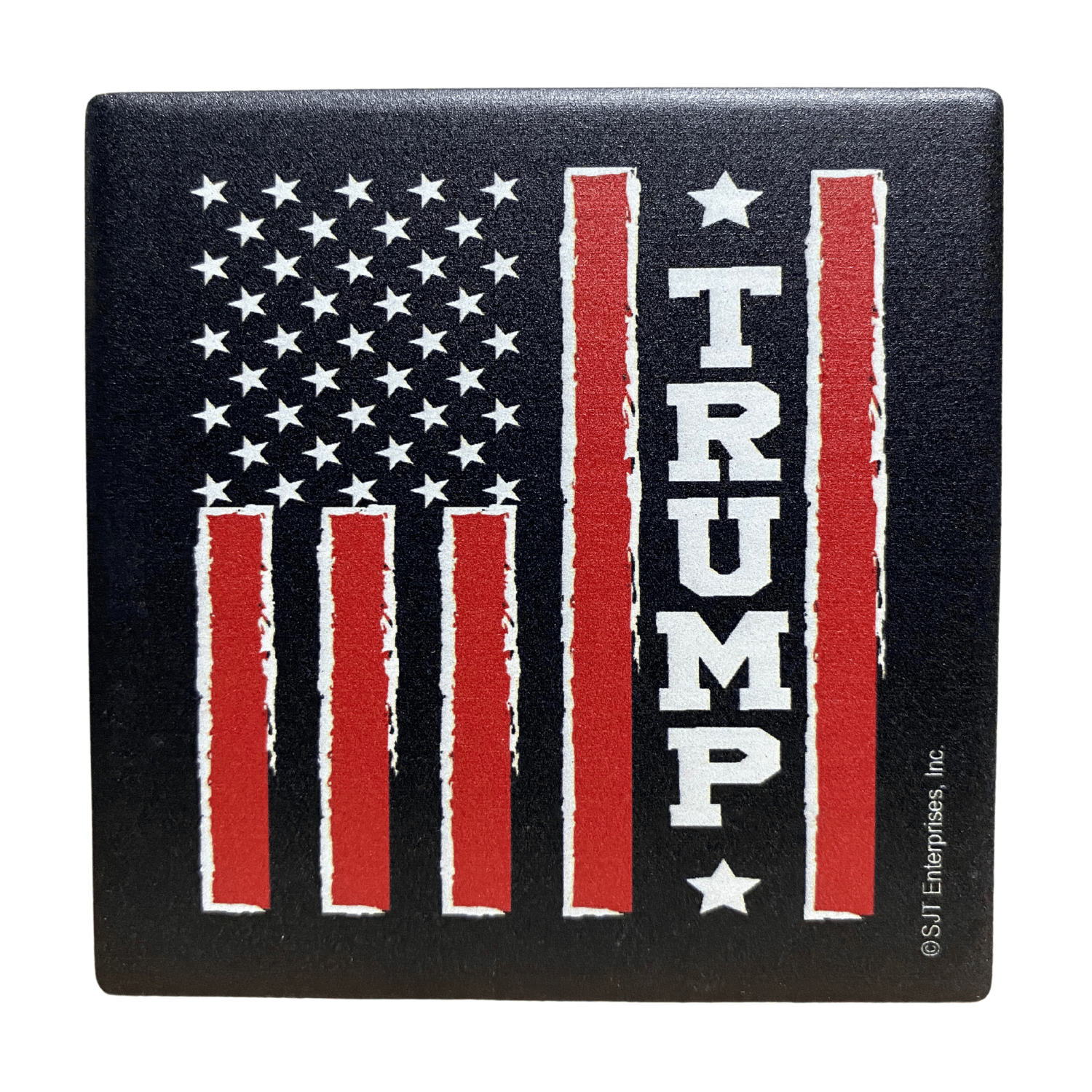 Trump Vertical Red USA Flag Square Absorbable Stone Coaster featuring bold red stripes and prominent 'TRUMP' text on a black background.