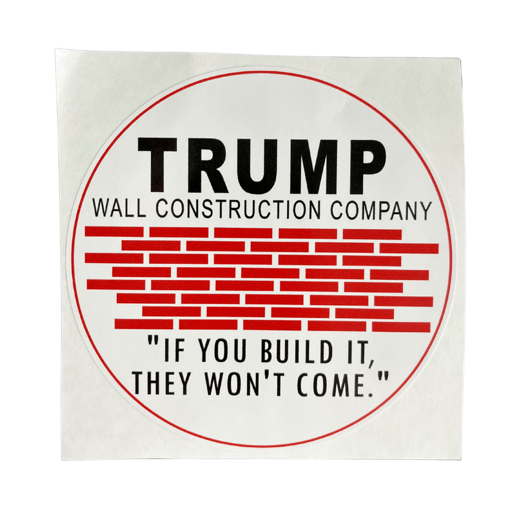 Trump Wall Construction Sticker featuring bold imagery representing American values, displayed on a laptop in a patriotic setting.