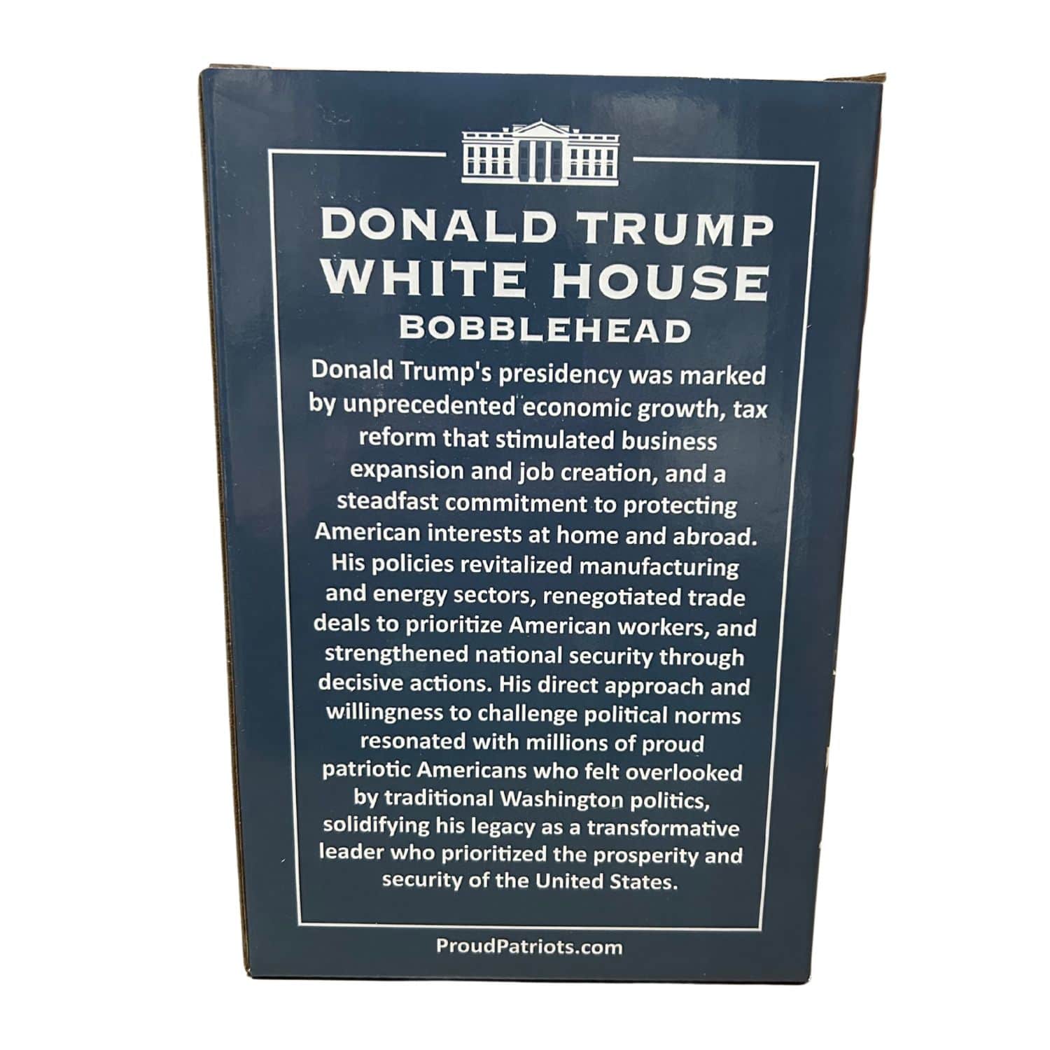 Trump White House Bobblehead showing a smiling Donald Trump with two thumbs up on a detailed White House base, showcasing vibrant hand-painted craftsmanship.