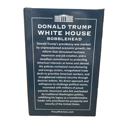 Trump White House Bobblehead showing a smiling Donald Trump with two thumbs up on a detailed White House base, showcasing vibrant hand-painted craftsmanship.