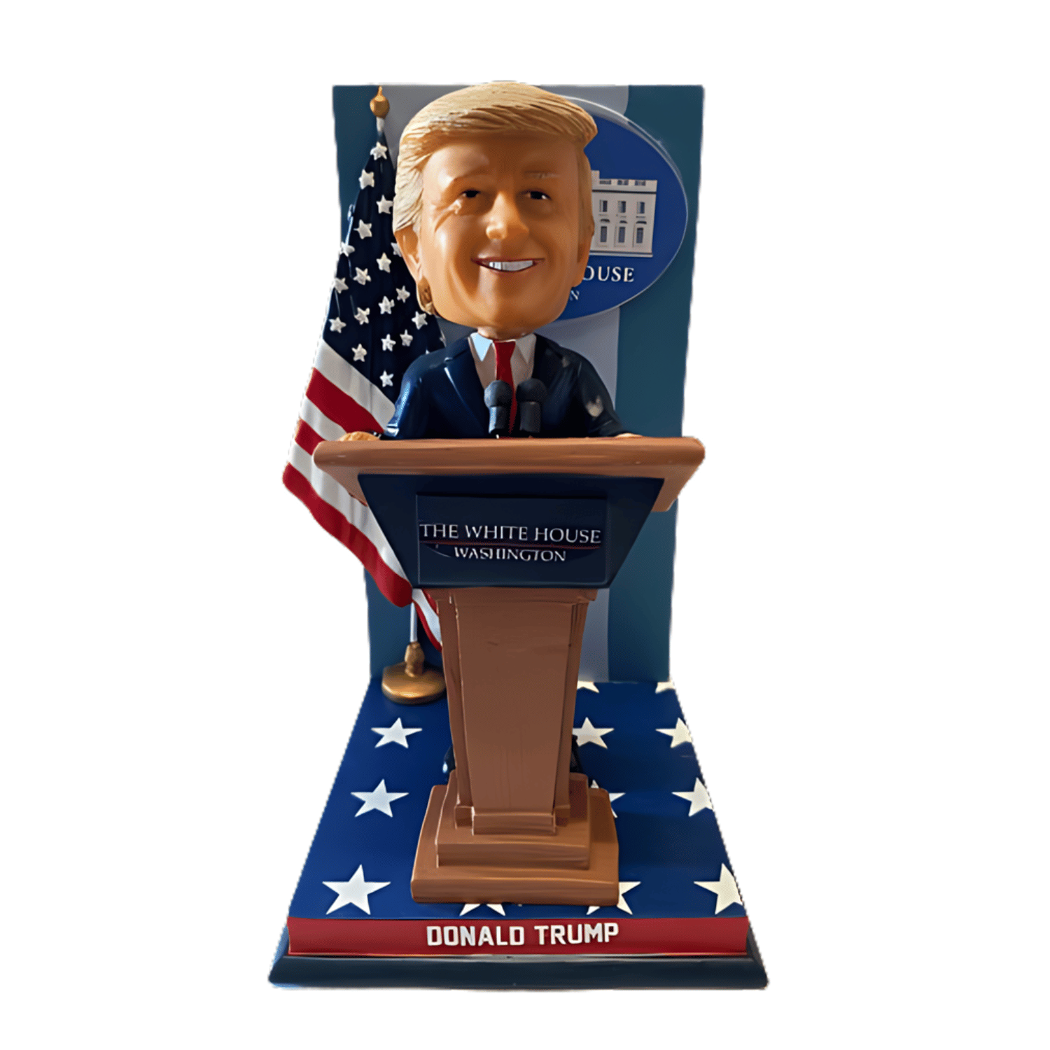 Trump White House Press Conference Bobblehead featuring Donald Trump mid-speech behind a replica podium with microphones and the White House emblem.