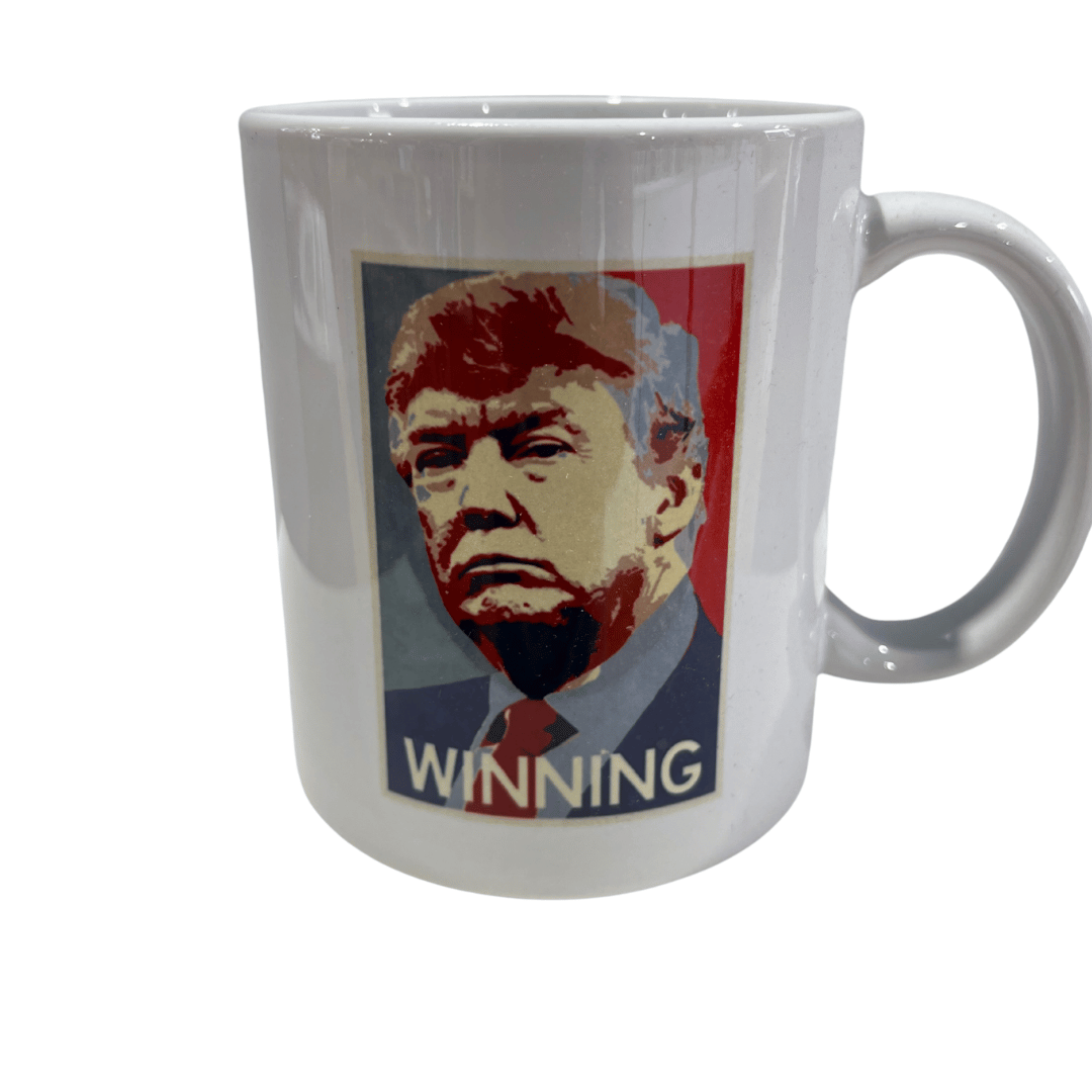 Trump 'WINNING' Mug featuring hope-style portrait of Donald Trump in red, white, and blue colors, perfect for coffee lovers and patriots.