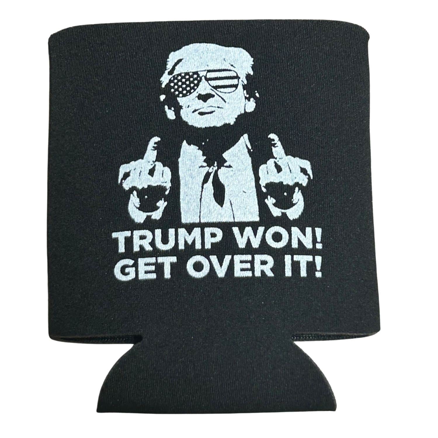 Trump Won Get Over It Koozie featuring Donald Trump raising his middle finger, designed to fit standard-sized cans, displayed with a cold drink.
